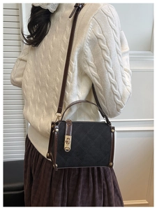 Close-up of small crossbody bag with plaid contrast texture and golden twist lock detail