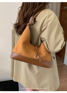 Detail showing suede and smooth leather patchwork on shoulder bag with silver ring