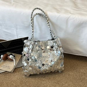 Sequin Tote Bag Large Capacity Shoulder Handbag With Braided Handle Fashion Shiny Paillettes For Women Party Daily Casual