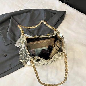 Fashionable large capacity sequin tote bag in gold and silver with woven handles for women