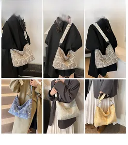 Detailed views of high-capacity striped canvas hobo bag in various colors for women