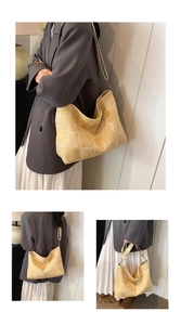Detailed views of a yellow geometric print tote bag shown in multiple carrying angles