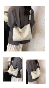 Detail view of jacquard canvas tote bag with light green linear patterns and wide strap
