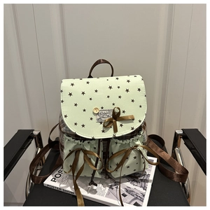 Detail of mint green mini backpack featuring bow decor and star pattern on the flap