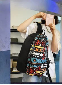 Detail of backpack with colorful ethnic geometric patterns and astronaut pendant