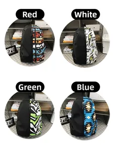 Detail view of four graffiti print backpacks featuring side color-block patchwork patterns