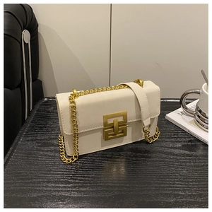 Detail of retro ivory crossbody bag with golden rectangular lock and chain strap