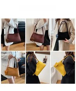 Collage of chic suede underarm bags in various colors for stylish office commuting