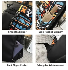 Detail view of ethnic backpack showing double zippers, side pockets and reinforced straps