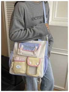 Detailed view of multiclor nylon crossbody bag with functional pockets and macaron tones