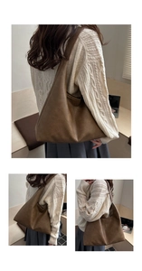 Vues détaillées d'un grand sac cabas marron café en similicuir rétro avec une structure souple