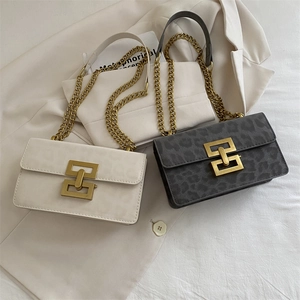 Chic chain crossbody small square bags in beige and grey leopard print with gold lock