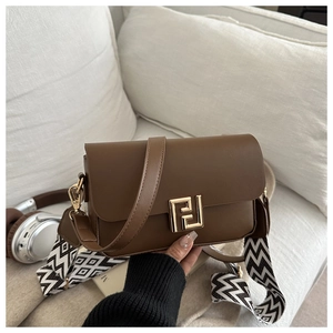 Detailed shot of dark brown crossbody bag with metal buckle and two swappable straps