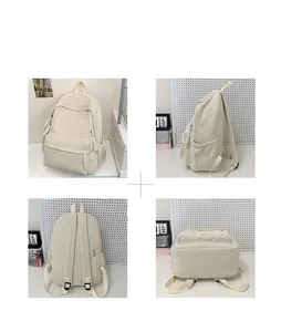 Mehrere Ansichten eines cremefarbenen Cord-Rucksacks mit Details von vorne und hinten