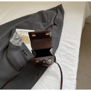 Vue détaillée du sac carré en cuir marron foncé montrant l'intérieur et le fermoir doré
