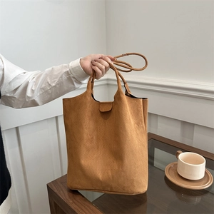 Women Faux Suede Tote Bag Large Capacity Minimalist Commute Shoulder Bag With Inner Pouch Matte Solid Color