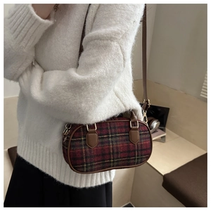 British style red and green plaid wool crossbody bag with brown leather details