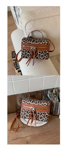 Détails du sac boîte à motif léopard avec bordure en cuir et finitions dorées