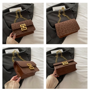 Detail shots of leopard print chain bag featuring gold buckle and textured leather surfaces