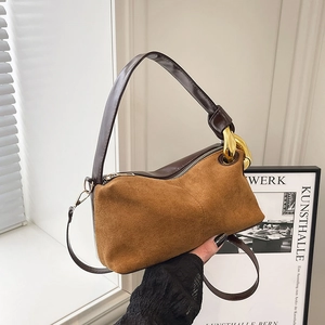 Vintage Suede PU Leather Baguette Shoulder Bag With Gold Chain Retro Crossbody Handbag For Women Daily Stylish