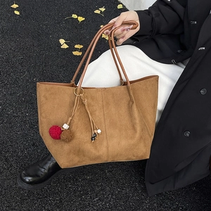 Retro Faux Suede Tote Bag Large Capacity Women Office Commute Minimalist Vintage Shoulder Bag With Pouch Pom Pom Pendant
