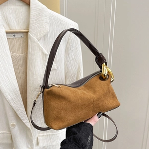 Retro caramel suede handbag with gold chain detail and brown leather handle