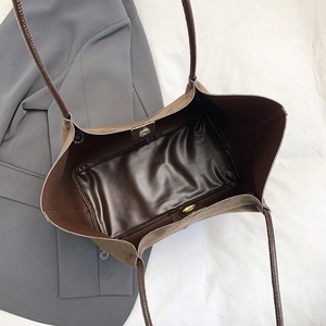 Deep brown large matte tote bag showing spacious interior with magnetic snap closure