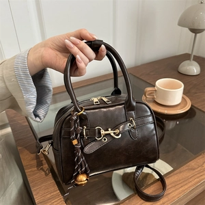 Retro PU Leather Boston Crossbody Bag With Horsebit Hardware And Bell Pendant Stylish Handbag For Women