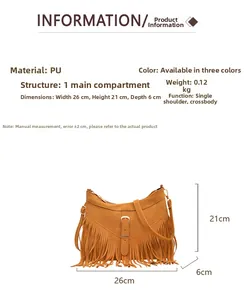 Detailed dimensions of brown fringe tote bag measuring 26x21x6cm with PU suede texture