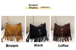 Detailed comparison of brown, black, and coffee tassel tote bags with metal buckles
