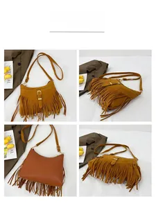 Brown suede tassel shoulder bag showing front fringe, side profile, and back view