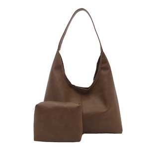 Grand sac cabas hobo rétro marron café en similicuir avec petite pochette assortie incluse