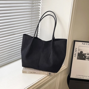 Borsa tote minimalista in pelle scamosciata nera capiente con manici lunghi per ufficio