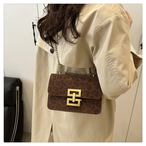 Model wearing leopard print crossbody bag with gold chain and rectangular lock buckle