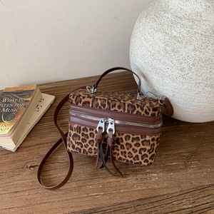 Leopard Print Mini Box Bag Faux Fur PU Leather Double Zipper Long Tassels Crossbody Handbag For Women Vintage