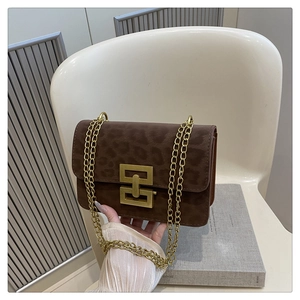 Close-up of leopard print crossbody bag with gold chain strap and square metal clasp