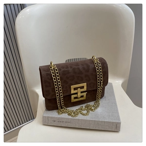 Detail of leopard print crossbody bag with gold geometric buckle and metal chain strap