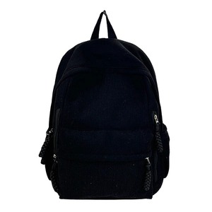 Klassischer schwarzer Cord Rucksack für Damen mit mehreren Taschen und gewebten Reißverschlüssen