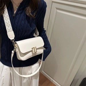Chic beige crossbody square bag with gold F-buckle and textured wide fabric strap