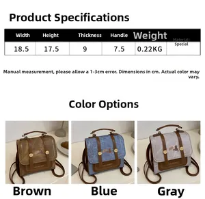 Size chart and dimensions for the vintage style small backpack in brown, blue and grey