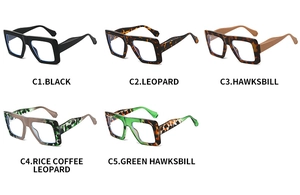 Variety of thick square frame blue light glasses in black, leopard, and hawksbill finishes