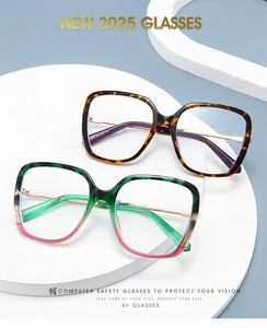 Detailed macro view of square anti-blue light glasses with metal temples and model number