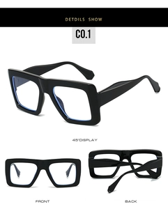 Detailed views of black square glasses frames from front, back, and 45-degree angles