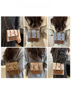Collage of model wearing vintage cat print square bags in beige, blue, and brown tones