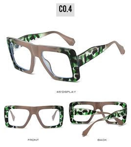 Three views of thick square blue light glasses with green and grey camouflage frame