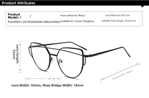Detailed size chart for geometric metal glasses frames with PC lenses and UV protection