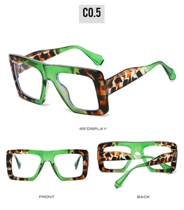 Detailed multi-angle views of large square transparent green glasses with wavy temples