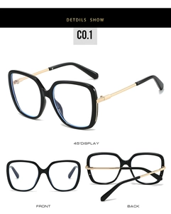 Three-angle view of square black frames with gold metal temples for anti-blue light glasses