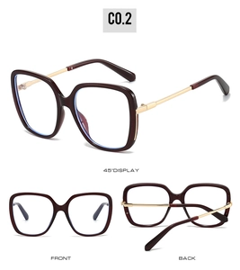 Detailed views of square anti-blue light glasses with wine red frames and gold temples