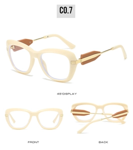 Drei-Wege-Ansicht der cremefarbenen Cat-Eye-Brille mit gold-braunen geometrischen Bügeln